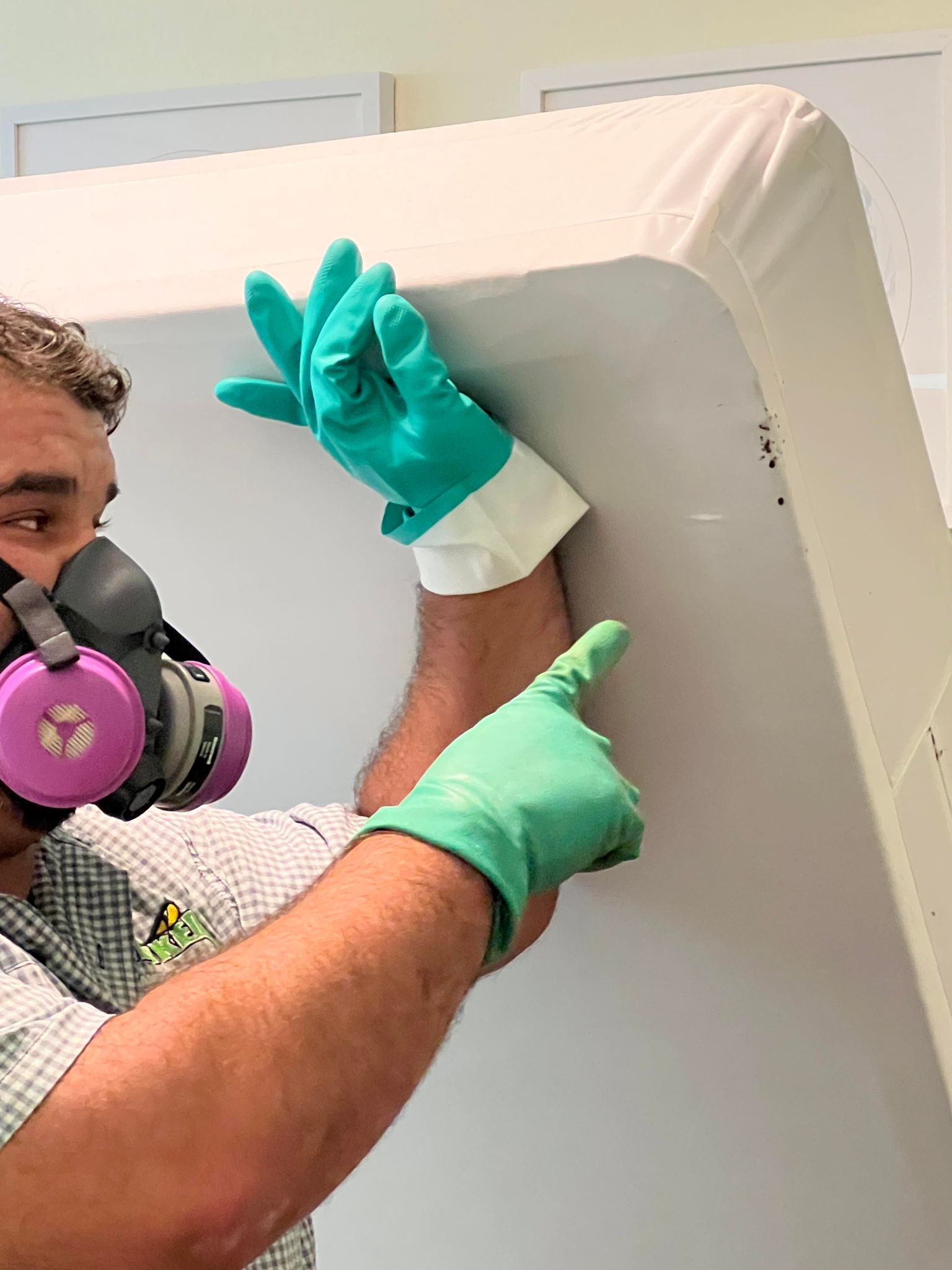 Technician holds up mattress and points to active bed bugs